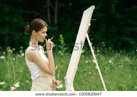 woman artist drawing brush beauty canvas white paint oil idea