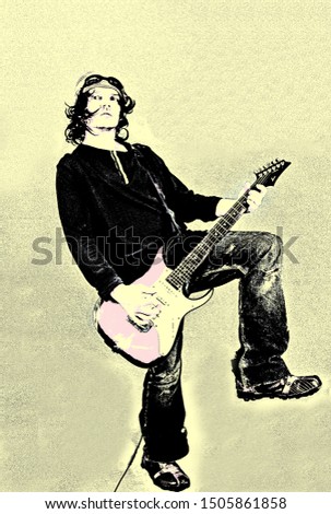 Cool rock guitarist in a cap playing the electric guitar. Musician performing on a scene. Black and white sketch.