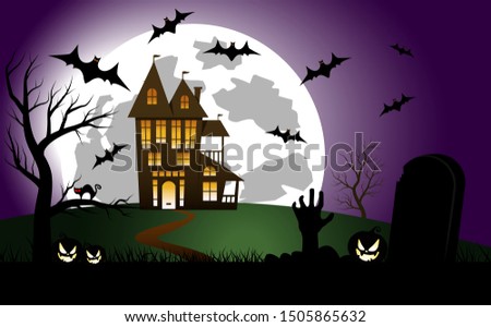 Halloween  house on Moon background, The tombstone and the hand out of the ground, illustration. Halloween background. Spooky forest with dead trees and pumpkins.