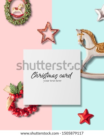 Christmas card conception.  Creative layout with Christmas bauble and a lot of different decoration and toys. Seamless pattern. High resolution image. Mockup with empty space for your text
