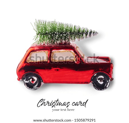Christmas card conception.  Creative layout with Christmas toy car. Seamless pattern. High resolution image.