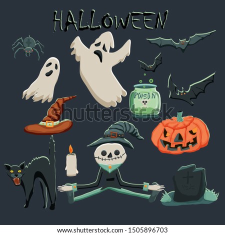 Vector Halloween set. Pumpkin, bats, grave, candle, ghost, spider, hats, poison, black cat, magic potion, scarecrow.
