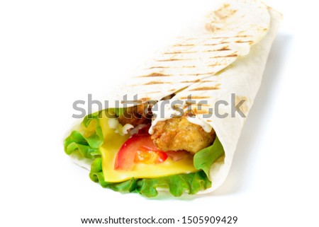 Grilled chicken pita with cheese on white background