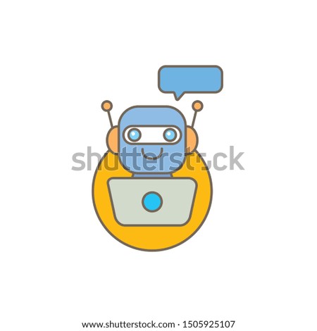 chatbot character with notebook or intelligent assistant with speech bubble isolated on white background. Vector Funny robot assistant, chatter bot, helper chatbot logo or label 
