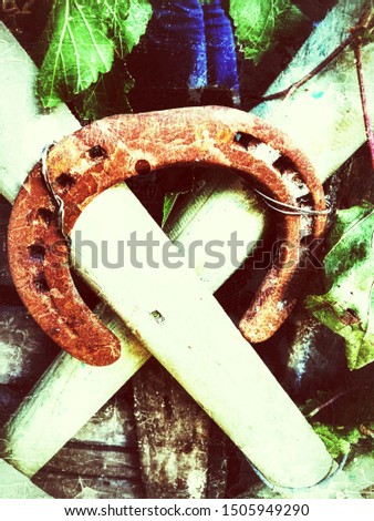 old horseshoe  for a horse formed of a narrow band of iron in the form of an extended circular arc and secured to the
a wooden fence decorated with vine leaves,horseshoe for luck