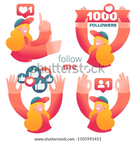 Set of icons with female blogger using social media to promote services and goods for followers online. Vector illustration