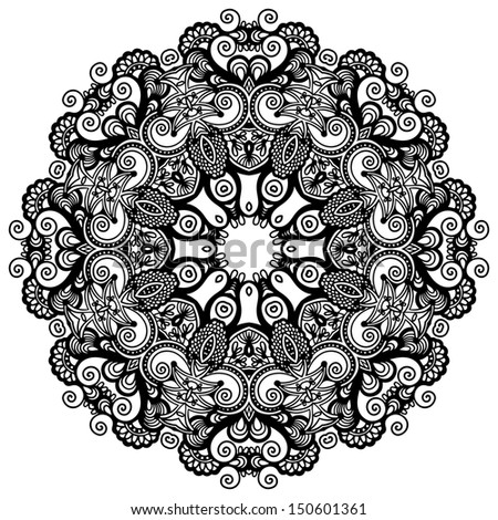 Circle lace ornament, round ornamental geometric doily pattern, black and white collection