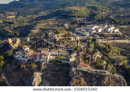 Aerial shot of Guadalest Village and Castel Alicante Province of Spain Costa Blanca at sunset.
