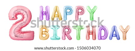 Words happy birthday made of colorful inflatable balloons isolated on white background. Helium balloons forming happy birthday with number 2. Two years birthday party concept