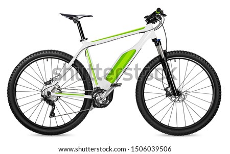 fantasy fictitious design of an ebike pedelec with battery powered motor bicycle moutainbike. mountain bike ecology modern transport concept isolated on white background