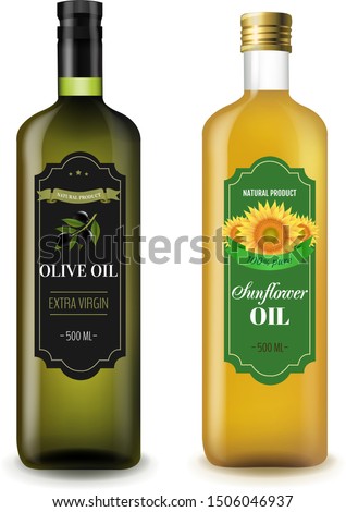 Sunflowers And Olive Oils Bottle White Background With Gradient Mesh, Vector Illustration