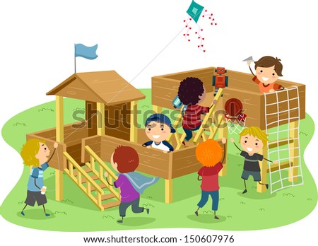 Stickman Illustration Featuring Boys Playing in a Wooden Playhouse