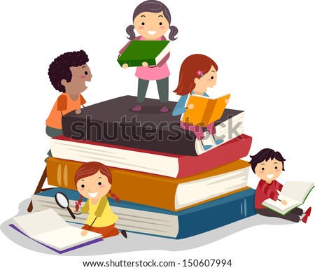 Stickman Illustration Featuring Kids Reading Books