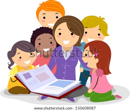 Stickman Illustration Featuring Kids Huddled Together While Listening to the Teacher Reading a Storybook Royalty-Free Stock Photo #150608087