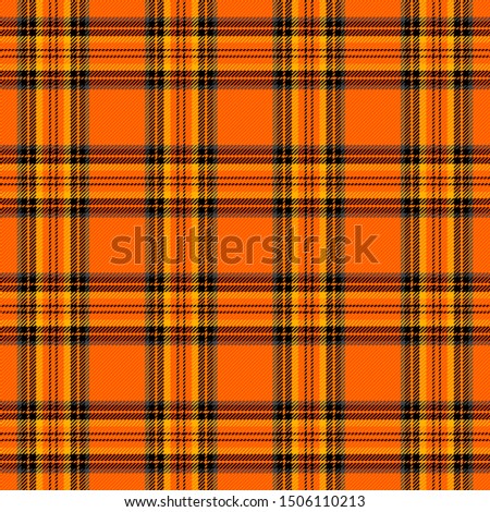 Halloween Tartan plaid. Scottish pattern in black, orange and gray cage. Scottish cage. Traditional Scottish checkered background. Seamless fabric texture. Vector illustration