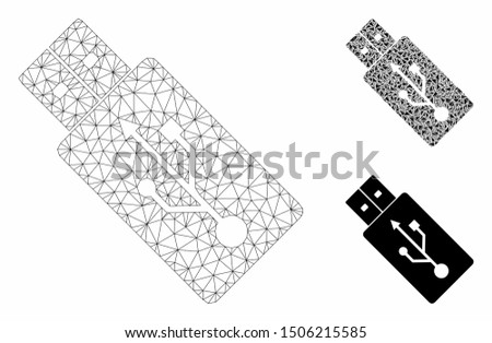 Mesh USB drive model with triangle mosaic icon. Wire carcass polygonal mesh of USB drive. Vector mosaic of triangle parts in different sizes, and color shades. Abstract flat mesh USB drive,
