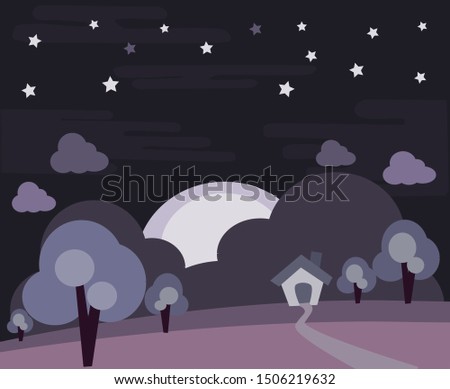 Dark night over old town silhouette and trees on the hill vector cityscape illustration, full moon and stars.