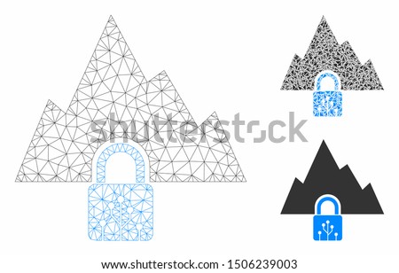Mesh VPN tunnel model with triangle mosaic icon. Wire carcass polygonal mesh of VPN tunnel. Vector mosaic of triangle parts in different sizes, and color tinges. Abstract 2d mesh VPN tunnel,