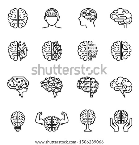 Brain, creativity, novel idea, mind or intelligence icon set with white background. Thin line style stock vector.
