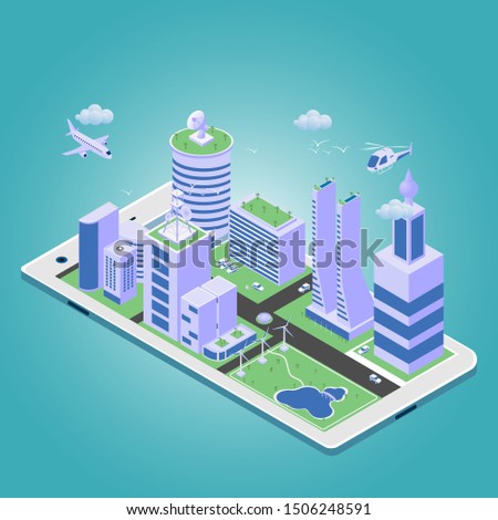 Isometric smart city with green environment electric energy. Modern buildings and park on smartphone. Vector illustration design. Royalty-Free Stock Photo #1506248591