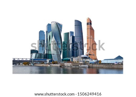 Wide angle view of high buildings in Moscow city district with reflections in river isolated on white background Royalty-Free Stock Photo #1506249416