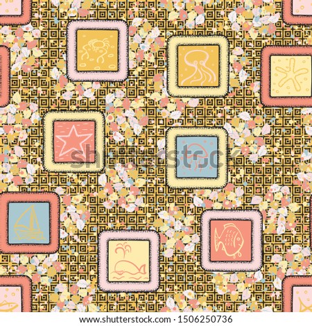 Abstraction consisting of painted marine objects in the framework of a printed on a motley background. Seamless pattern.