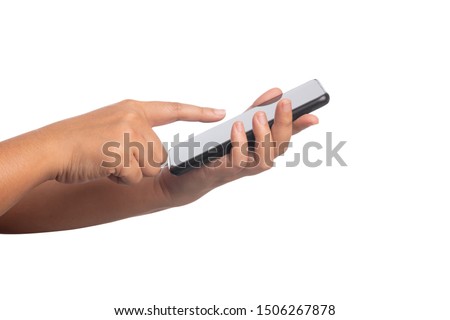Human hand touching screen on black smartphone isolated on a white background. Female press on phone to select something.