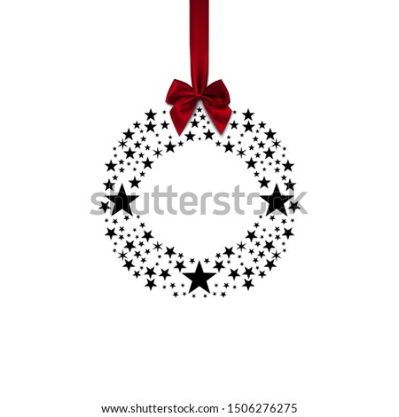 Copy space - stars in a circle with place for text. With a red bow on the ribbon at the top. Merry Christmas and Happy New Year to everybody. - Vector