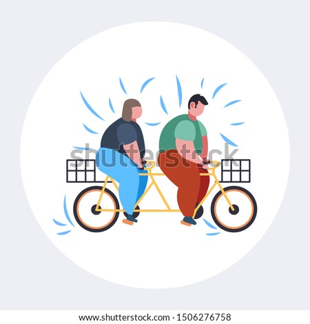 fat obese couple riding tandem bicycle overweight man woman cycling twin bike weight loss concept flat full length