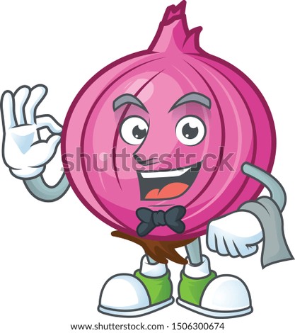 Waiter red onion cartoon character for cuisine