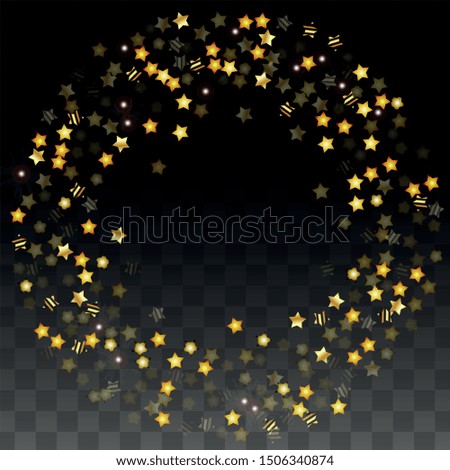 Vector Illustration with Gold Stars on Black Transparent Background. Magic Night. Cosmic Pattern. Stars Confetti. Flying Stardust.  Cosmic Shiny Child Design. Luxury Golden Starry Design. Premium.