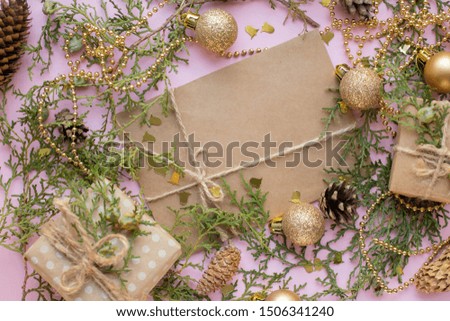 pink christmas with golden decoration. new year letter