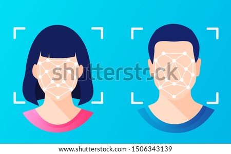 Face ID, facial recognition, biometric identification, personal verification, cyber protection, identity detection AI algorithms. Woman & man faces scanning. Secure technology system for web, mobile. Royalty-Free Stock Photo #1506343139