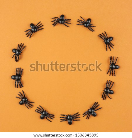 Toy spiders in circle on orange background