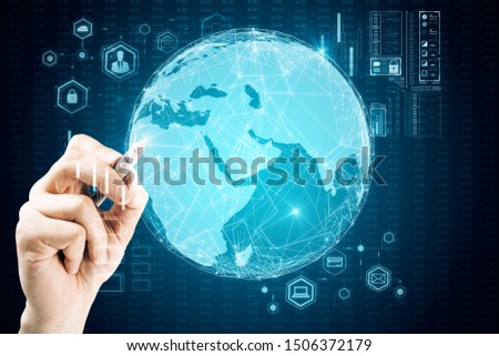 World communication concept with man hand touching digital screen with earth globe template at business chart background