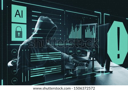 Cyber attack concept with hacker using laptop and digital technology screen with exclamation point.