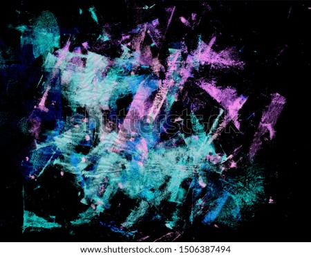 Abstract paint texture on black background. Brush strokes and roller smudges in fluorescent pink and blue printmaking ink. 