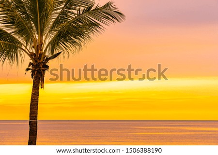 Beautiful sea ocean beach with palm tree at sunrise time for holiday vacation