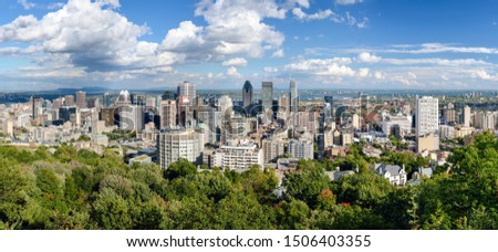 Panoramic view of Montreal skyline from the Mount Royal overlook.