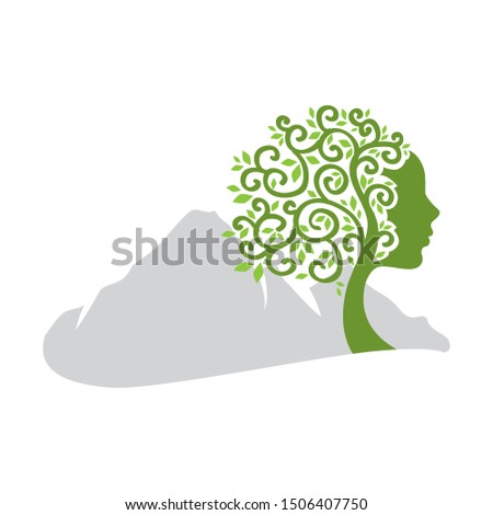 tree with female face and mountain in behind, vector