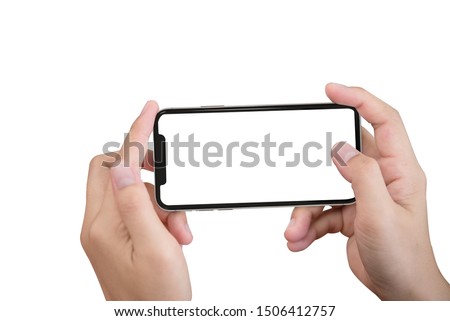 Smartphone in female hands taking photo isolated on white blackground Royalty-Free Stock Photo #1506412757