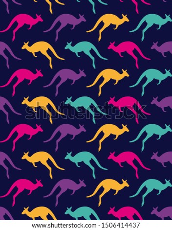 
multicolored jumping kangaroo pattern on a deep blue background