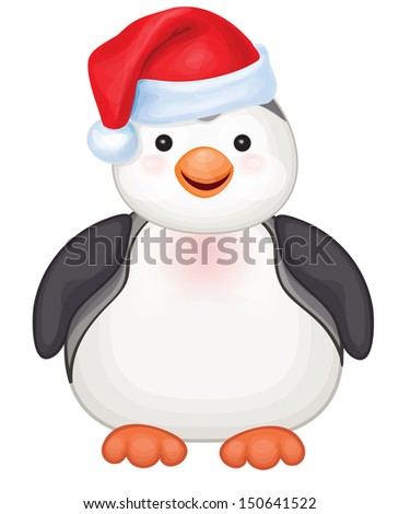 Vector of cute penguin in red Santa's hat isolated.