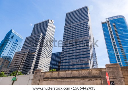 Highrise buildings in Philadephia, USA downtown. Skyscrapers on blue sky