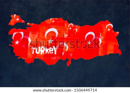 Turkish flags with white star and moon in Turkish map
