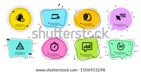Analytical chat, Quick tips and Time management line icons set. Chat bubbles with quotes. 360 degrees, Mineral oil and Pyramid chart signs. Timer, Notebook service symbols. Vector