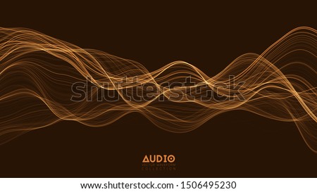 Vector 3d echo audio wave from a spectrum. Abstract music waves oscillation graph. Futuristic sound wave visualization. Orange glowing impulse pattern. Synthetic music technology sample.