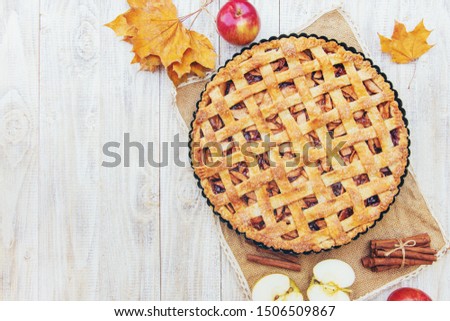 Pie with apples and cinnamon. Selective focus. Food.