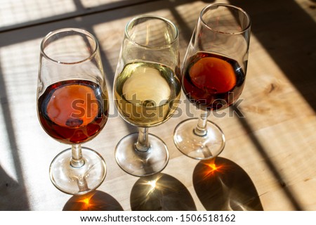 Sherry wine tasting, selection of different sweet jerez fortified wines made from pedro ximenez and muscat white grapes in Jerez de la Frontera, Andalusia, Spain Royalty-Free Stock Photo #1506518162