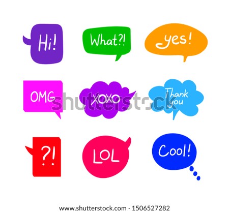Set of Colorful Speech Bubbles with Handwritten Words Isolated on White Background, Design Elements Collection, Different Colors and Shapes.